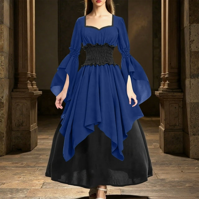 Amzcrzy Robes pour Femmes Vintage Couleur Unie Robe Médiévale Manches Longues Tunique Robe Victorienne pour Femmes Tunique Décontractée Robes Femmes TP