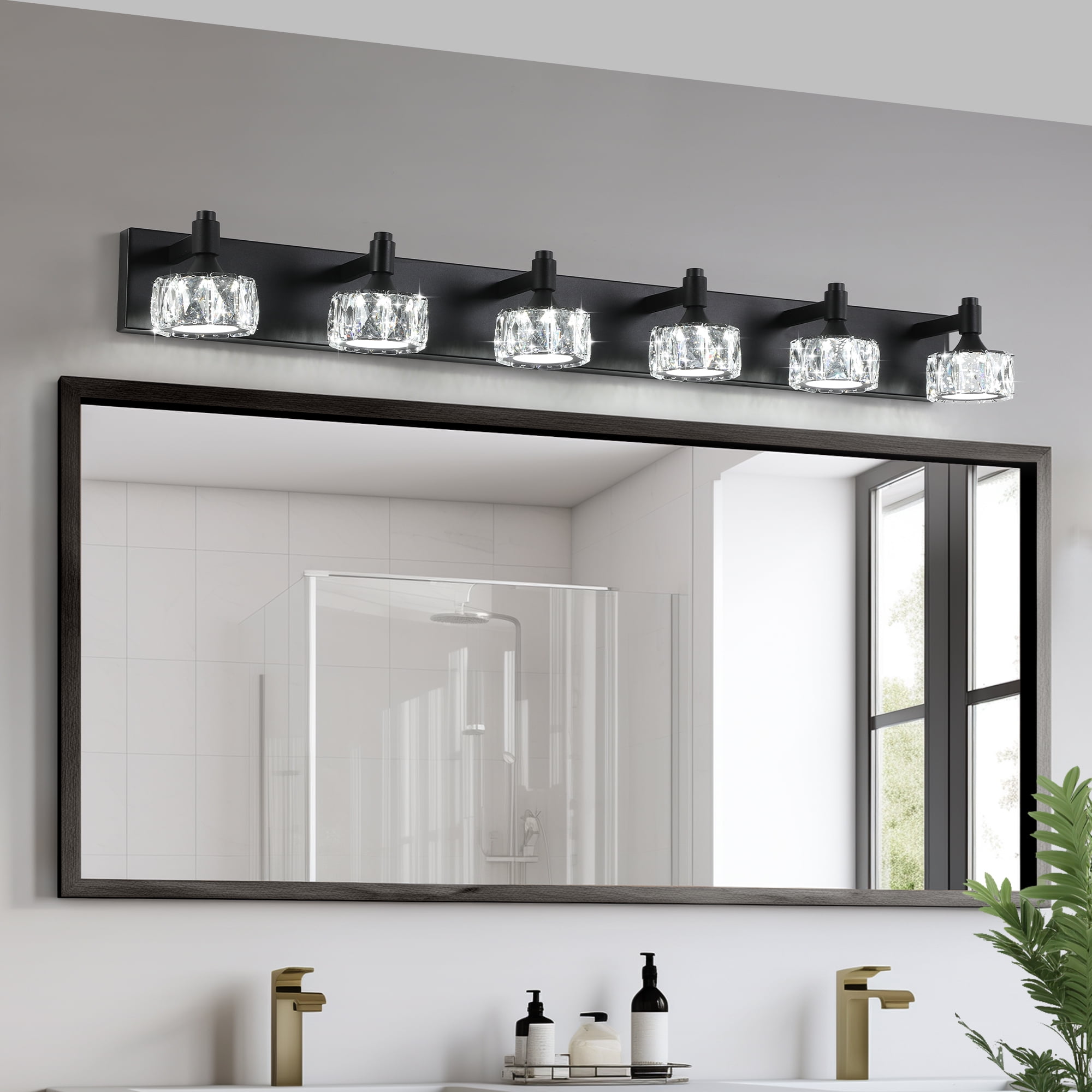 Jopath Modern 6-Light Matte Black LED Vanity Light Fixture with Crystal Glass Shades, Elegant and Contemporary Bathroom Wall Sconce for Bathroom Vanity Mirror