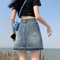 thumbnail image 4 of Novedad de verano, falda antiligera de tela vaquera de cintura alta y delgada de moda irregular, diseño popular de estilo retro, Falda corta con palabra A, 4 of 5