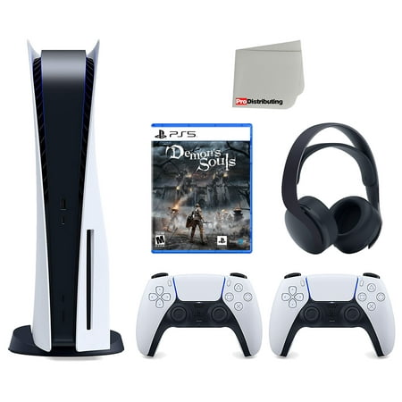 Sony Playstation 5 Disc Version Console with Extra White Controller, Black PULSE 3D Headset and Demon's Souls Bundle with Cleaning Cloth