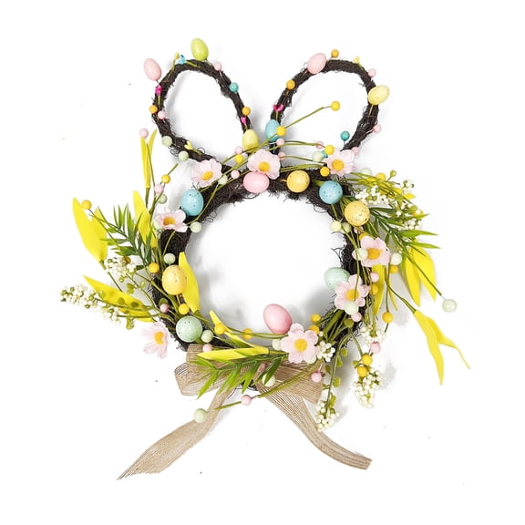 Chanana Bunny Ear Easter Wreath for Front Door,Bunny Easter Door Wreaths Decorations,Farmhouse Rattan Wreath with Pastel Eggs Flowers Indoor Outdoor Home Decor Spring Wreaths for Wall Window Mantel