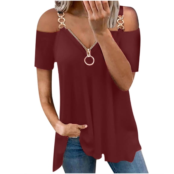 USSUMA T-Shirts for Women Trendy,V Neck Tunic Tops for Women Cold Shoulder Summer Tops Chain Strap Shirt Zipper V Neck Tops Casual Loose Tops Blouse