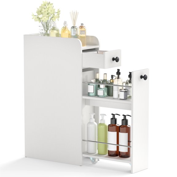 Gymax Slim Storage Cabinet Narrow Bathroom Cabinet w/ Slide Out Drawer & Spacious Top 2 Rolling Wheels White