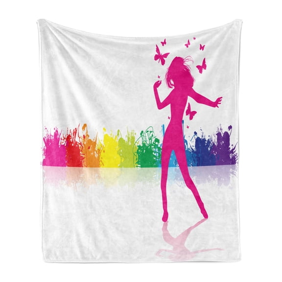 Colorful Soft Flannel Fleece Blanket, Girl Dancing in Front of Color Splash Crowd Music Party Be Positive Vibrant Life, Cozy Plush for Indoor and Outdoor Use, 60" x 80", Multicolor, by Ambesonne