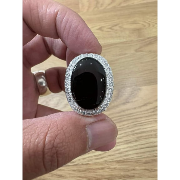 NATURAL BLACK ONYX GEMSTONE 18K WHITE GOLD MALE RING