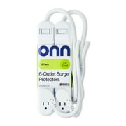 onn. 6-Outlet Surge Protector, 2 Pack, 2.5ft Power Cord, White