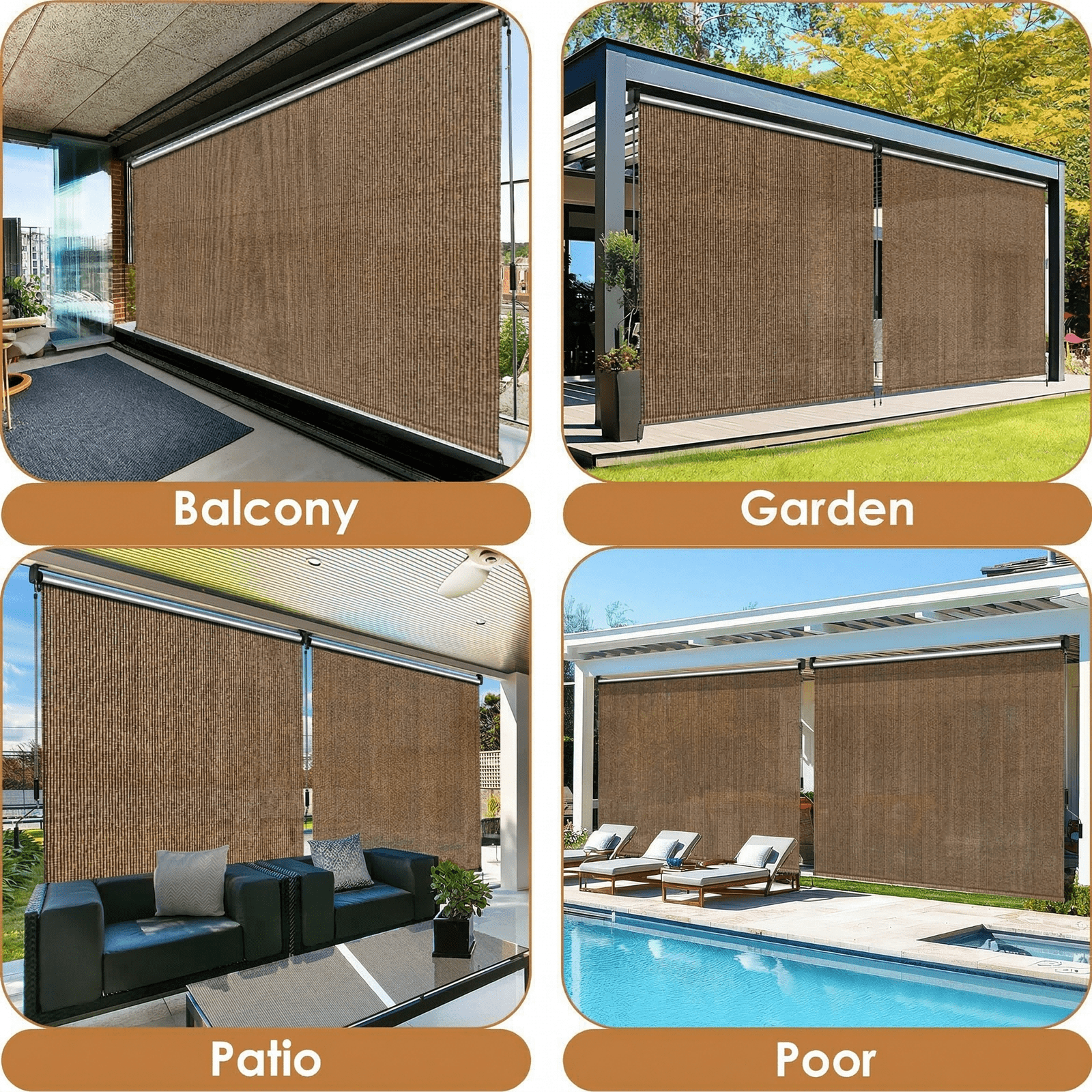 LIFERUN Outdoor Roller Sun Shade 8'W x 6'H, HDPE shade cloth, aluminum tube, cordless wand crank,for pergola/patio/porch/garden (Coffee)