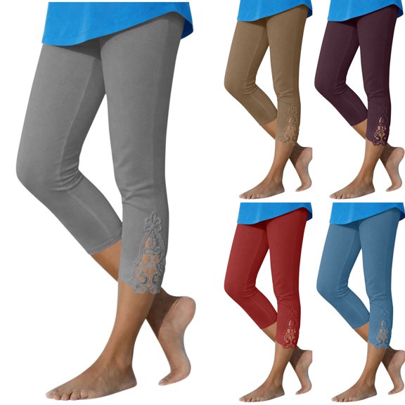 Zulora Women's Lace Trim Capri Leggings Elastic Waist Cropped Pants with Floral Lace Detail Soft Stretchy Casual Wear for Home Daily Work Comfortable Slim Fit Ankle Length Bottoms