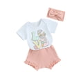 thumbnail image 2 of Yunliwuli Baby Girls Easter Shorts Sets Short Sleeve Letter Bunny Egg Print Romper Tops Ruffle PP Shorts Headband Sets, 2 of 10