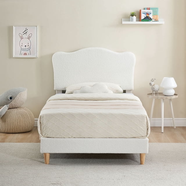 Tamaño individual marco de cama - forrado cama de plataforma con adjustable cabecero, wood slats - no necesita colchón base (beige)
