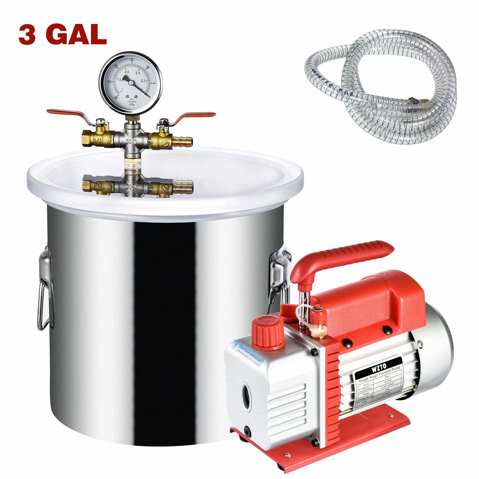 3 Gallon Vacuum Chamber Degassing Silicone Set 3CFM Pump Single Stage 1/4HP Kit 