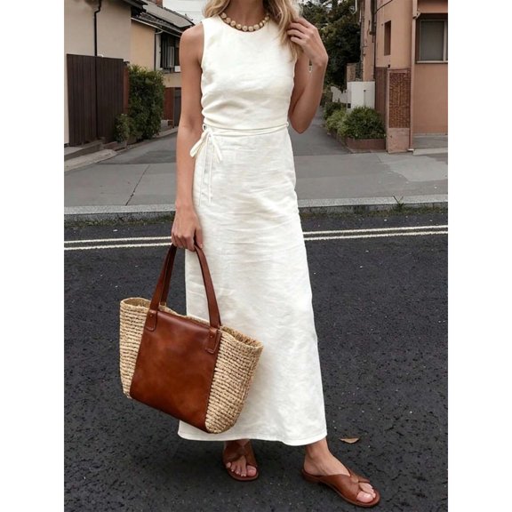 Apricot Sleeveless Waist-Tie Maxi Dress, Elegant Slimming Fit With Linen-Like Texture