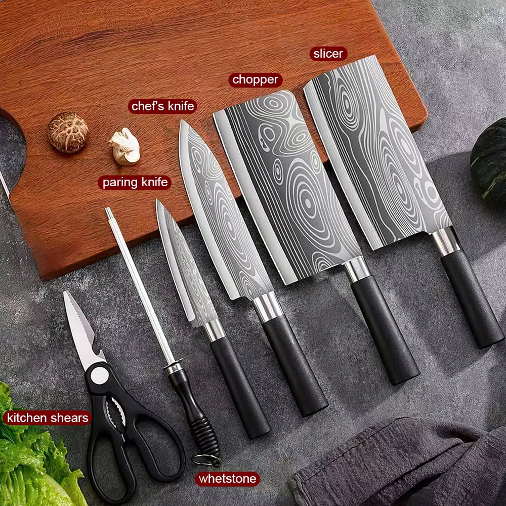 MDHAND 7-Piece Knife Set with Wooden Block, Damascus Laser Pattern Kitchen Knives, Ultra Sharp Forged Blades, Ergonomic Handle, Dishwasher Safe
