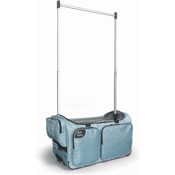 NEW!  Dance Bag with Garment Rack, 23 Inch Rolling Duffel With Wheels, Ideal for Competitions & Travel, Easy-assembly Lightweight Aluminum Clothes Rack (Glitter Blue)