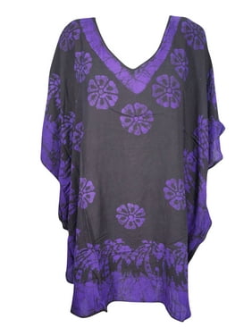 Mogul Women Black,PURPLE Blouse Deep Neck Batik Print Loose Kimono Summer Style Tunic Top One Size