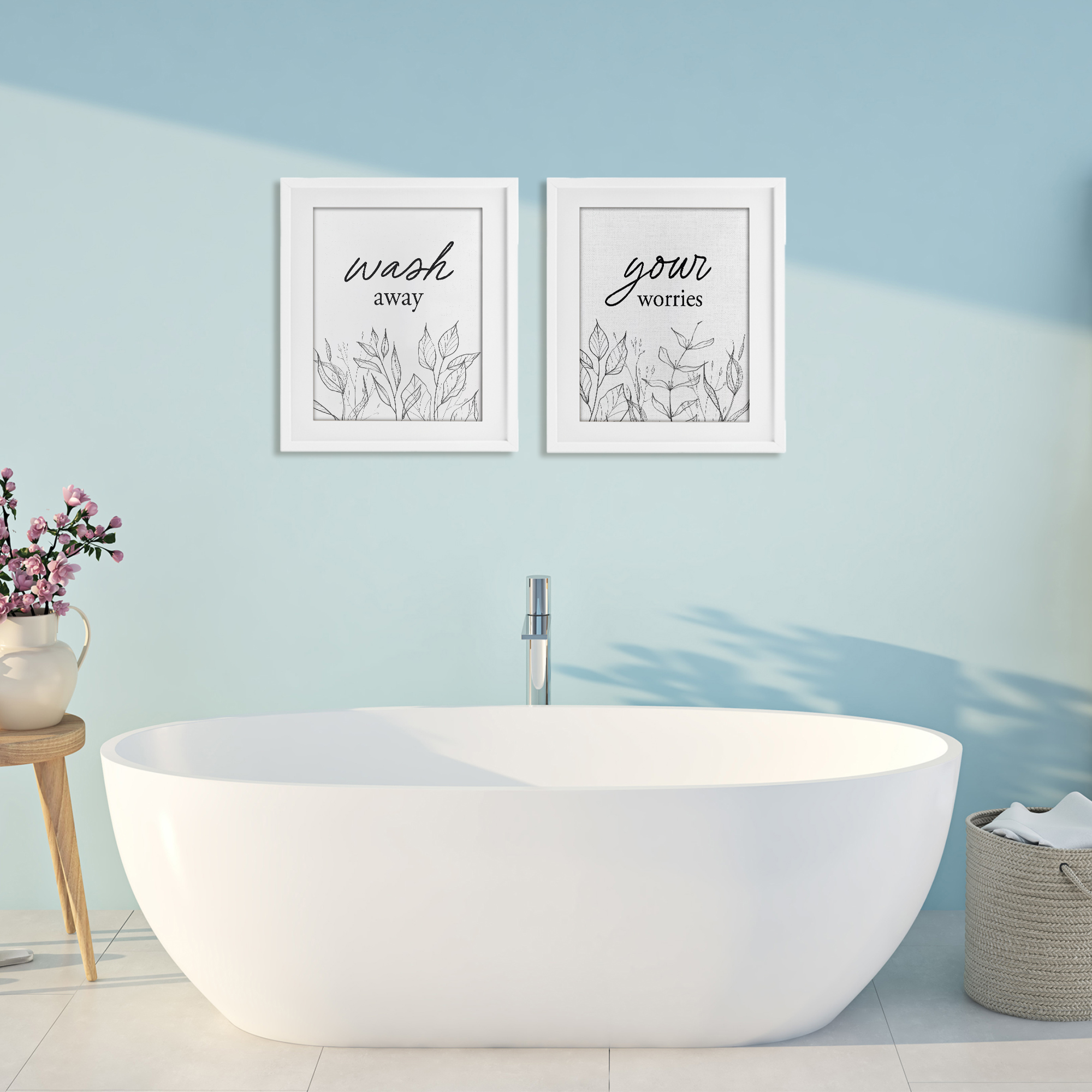 Wash Away Worries Minimalist Leaves 2 Piece White Framed Print Under Glass Set, design by Lettered and Lined