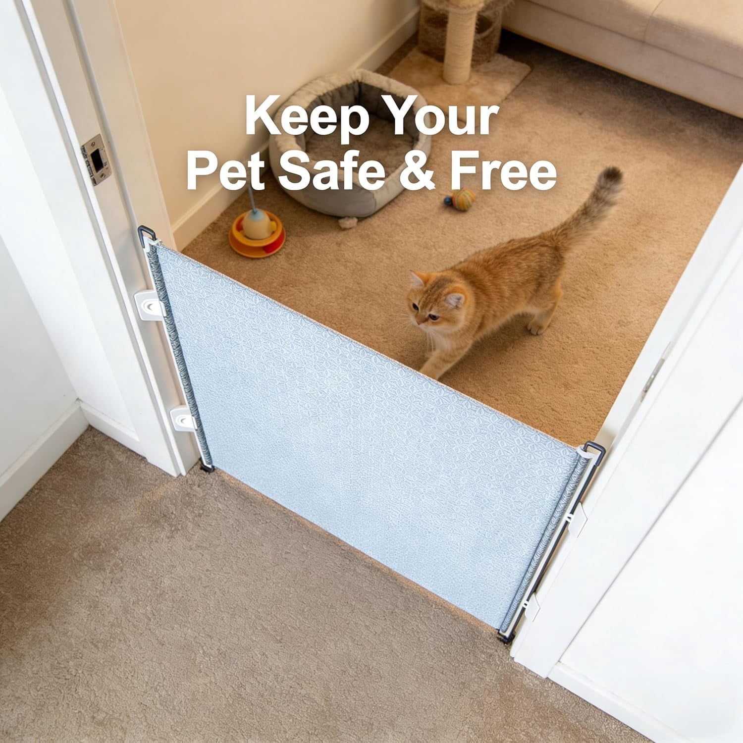 Retractable Pet Gate, No Drill Mesh Gate with 3 Hooks & Transparent Locators, Easy Install Indoor Barrier for Cats Dogs Staircase Hallway, 125x50cm
