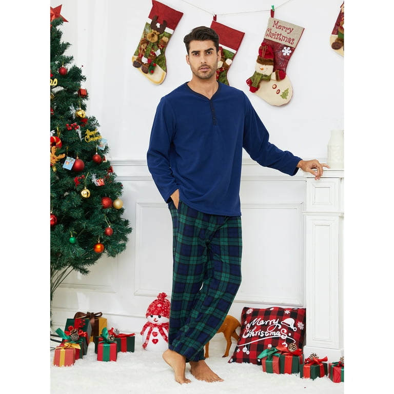 U2SKIIN Couple Pajama Sets Plaid Matching Pajama Set for Men and Women Soft Warm Pjs Set Navy Blue Green Plaid Mens Medium
