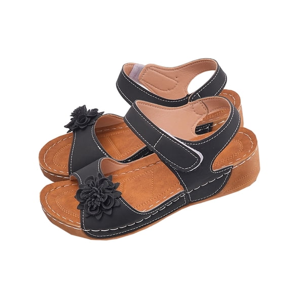CYMMPU Women's Floral Decor Open Toe Wedge Sandals, Adjustable Hook and Loop Ankle Strap Summer Outdoor Walking Shoes Black 39