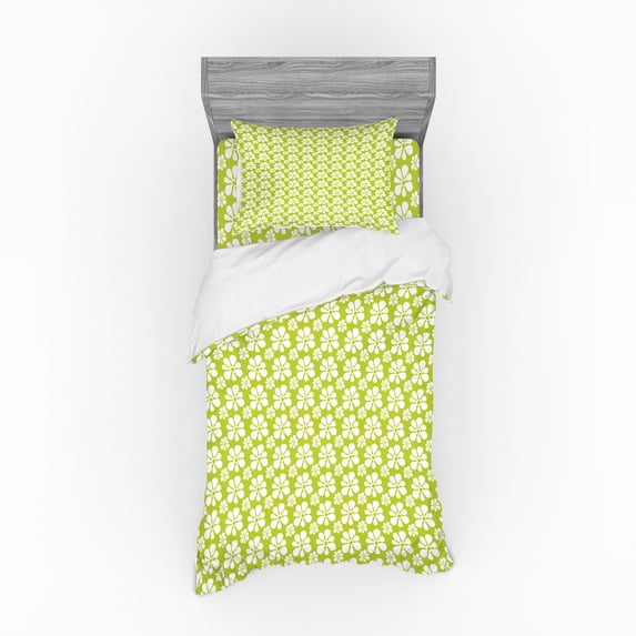 Exotic Duvet Cover Set, Summer Themed Continuous Pattern with Tropic Silhouette Petals, Bedding Set with Shams and Fitted Sheet, 3 Sizes, by Ambesonne