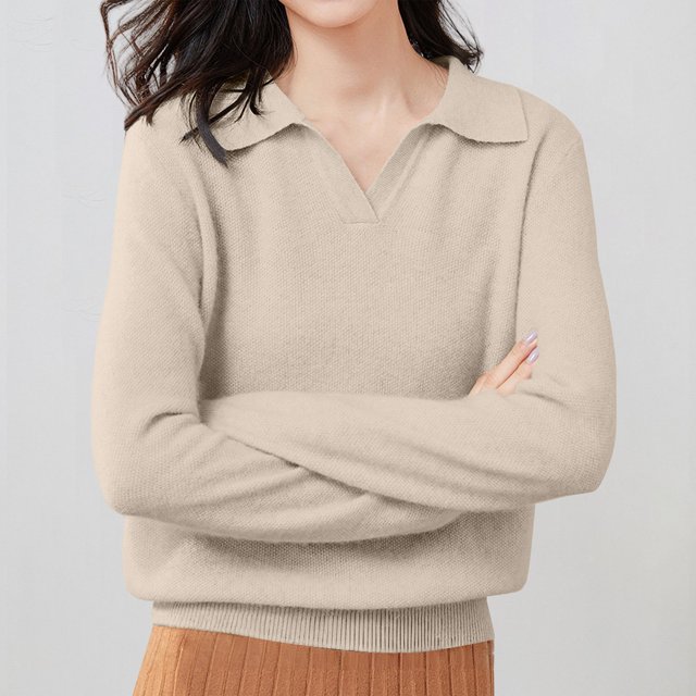 Polo Pullover Sweater Merino Wool Seamless Sweater Sweaters for Women Oversized Sweaters Cropped Sweater Polo Sweater Solid Color Polo Shirts Knitted Pullover Basic Sweater Tops Beige XL