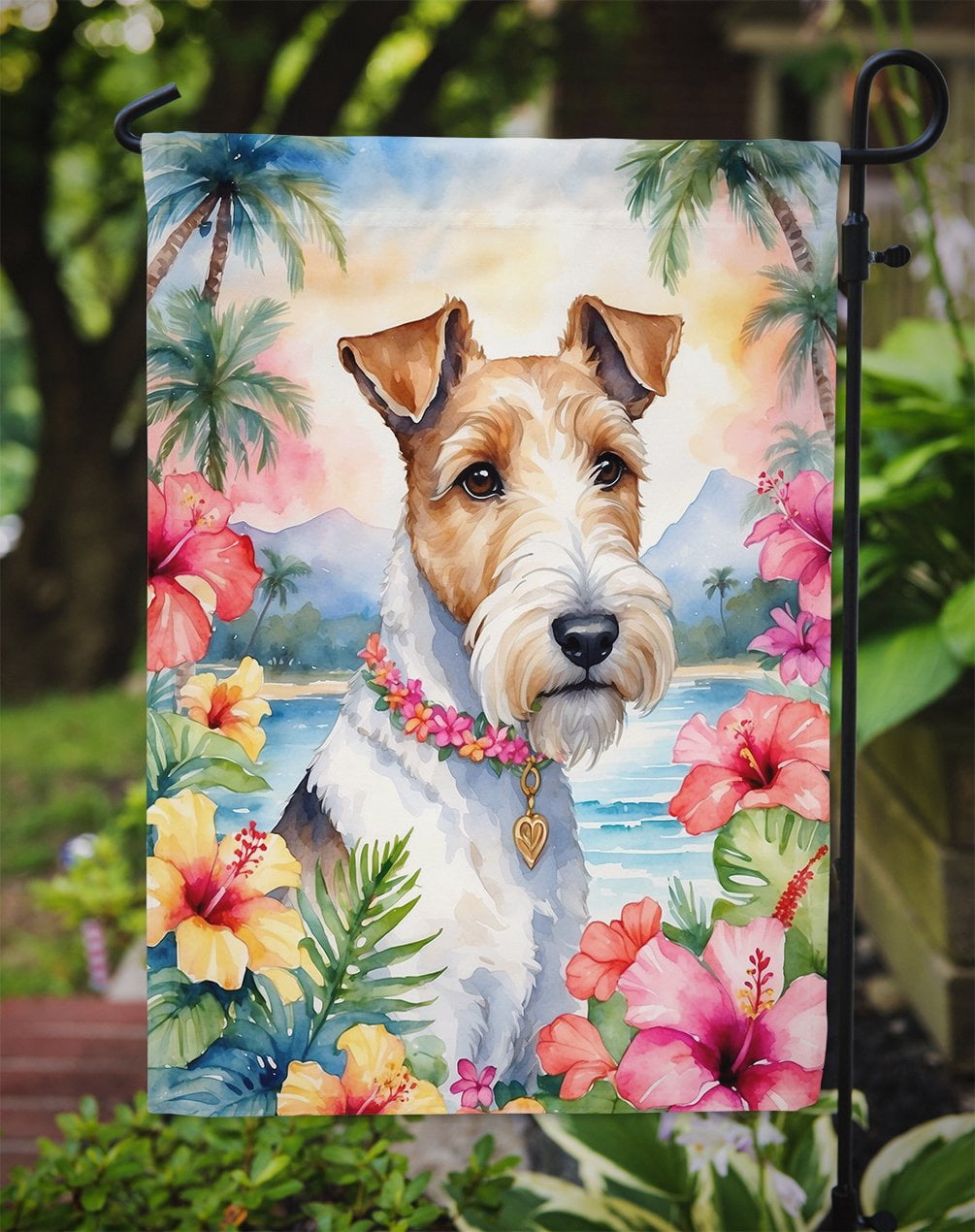 Fox Terrier Luau Garden Flag 11.25 in x 15.5 in