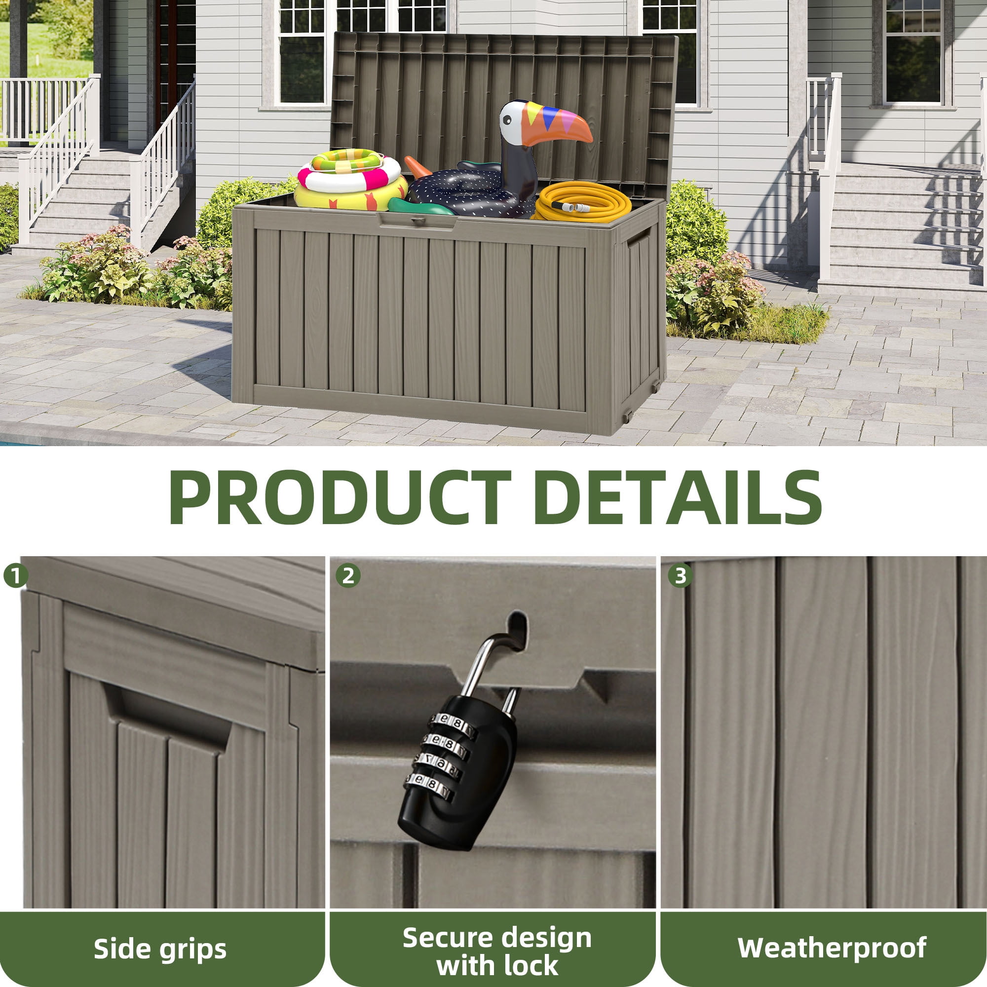 Uforic 72 Gallon Outdoor Resin Storage Box with Wheels, Patio Deck Box for Indoor & Outdoor Use, Ideal for Throw Pillows, Sports Gear & Yard Supplies, Light Brown