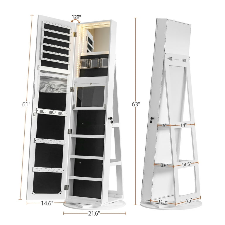 Tcbosik Full Length Mirror Jewelry Cabinet 360 Swivel Standing Mirror With Jewelry Storage Lockable Jewelry Organizer with LED Lights White Walmart