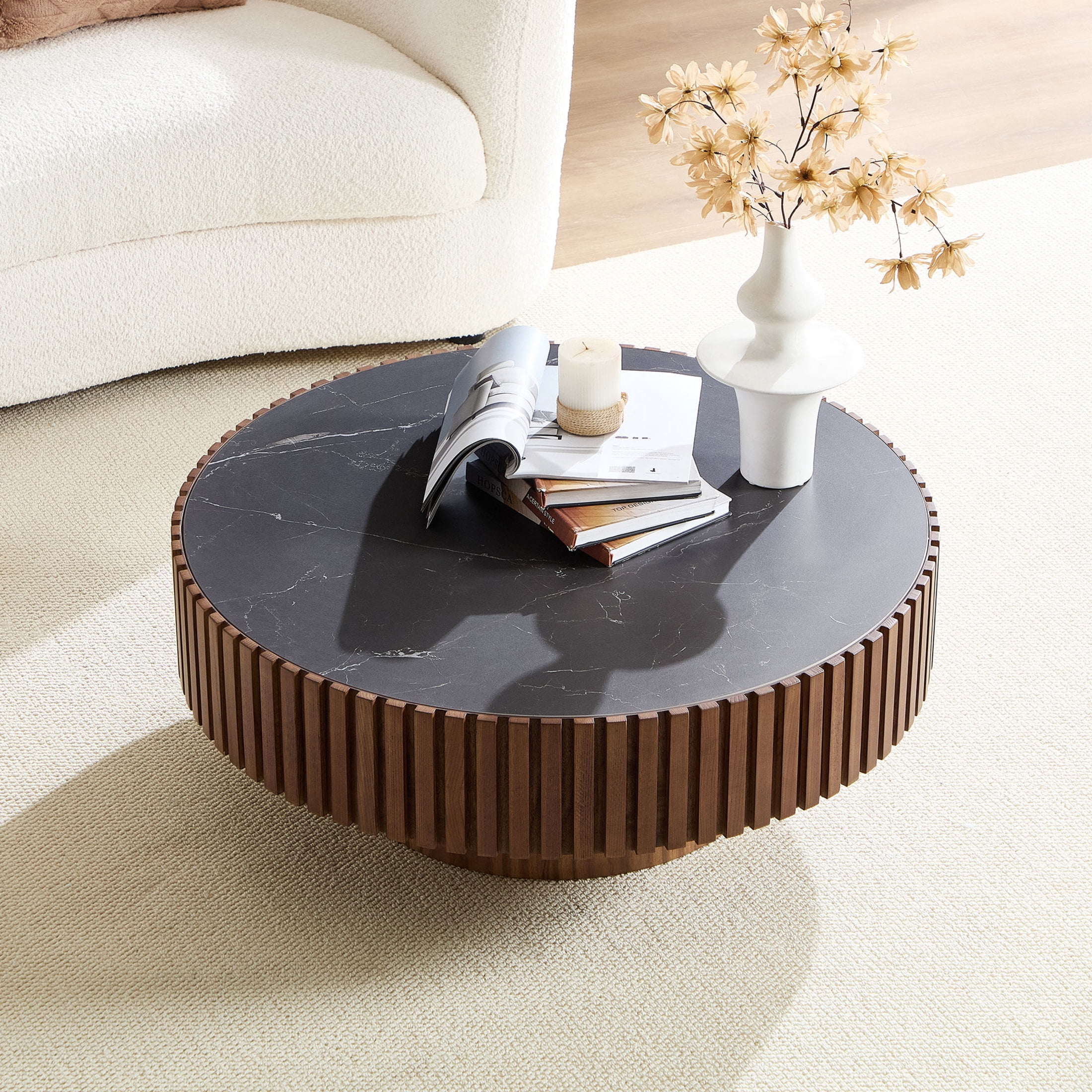 Noble House 35.43" Round Sintered Stone Coffee Table, Fluted Drum Pedestal, Modern Design for Apartment, Walnut
