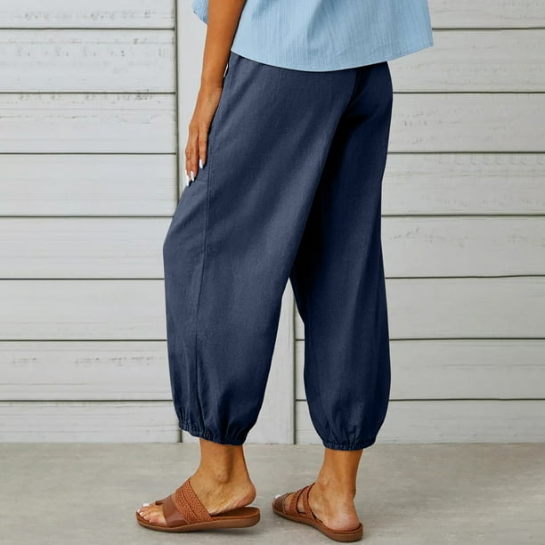 drppepioner Plus Size for Women Pants Women Summer Casual Loose Cotton and  Linen Pocket Solid Trousers Pants