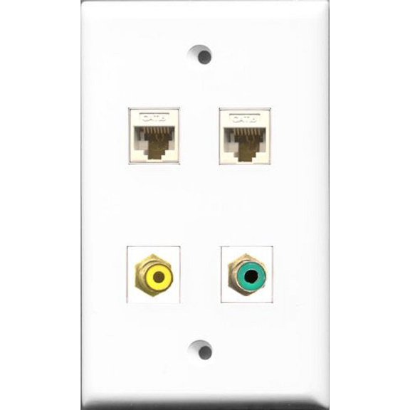 RiteAV 1 Port RCA Yellow and 1 Port RCA Green 2 Port Cat6 Ethernet White Wall Plate