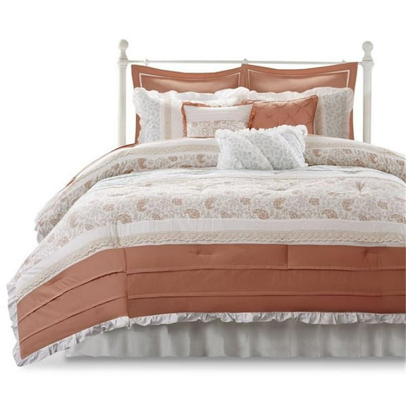 Pemberly Row 9-piece Farmhouse Cotton Percale Comforter Set - Coral Pink