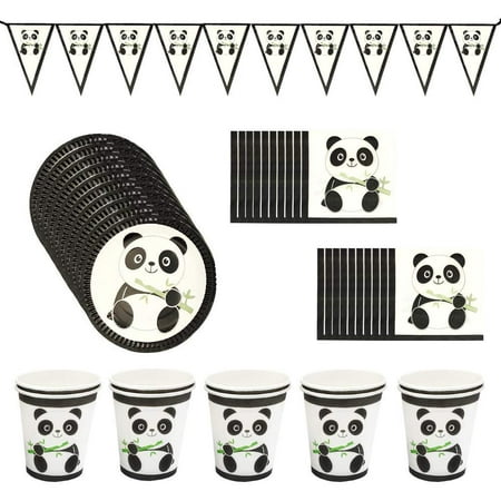 Panda Party Supplies, 121 Pcs Panda Theme Disposable Tableware Set, Black & White