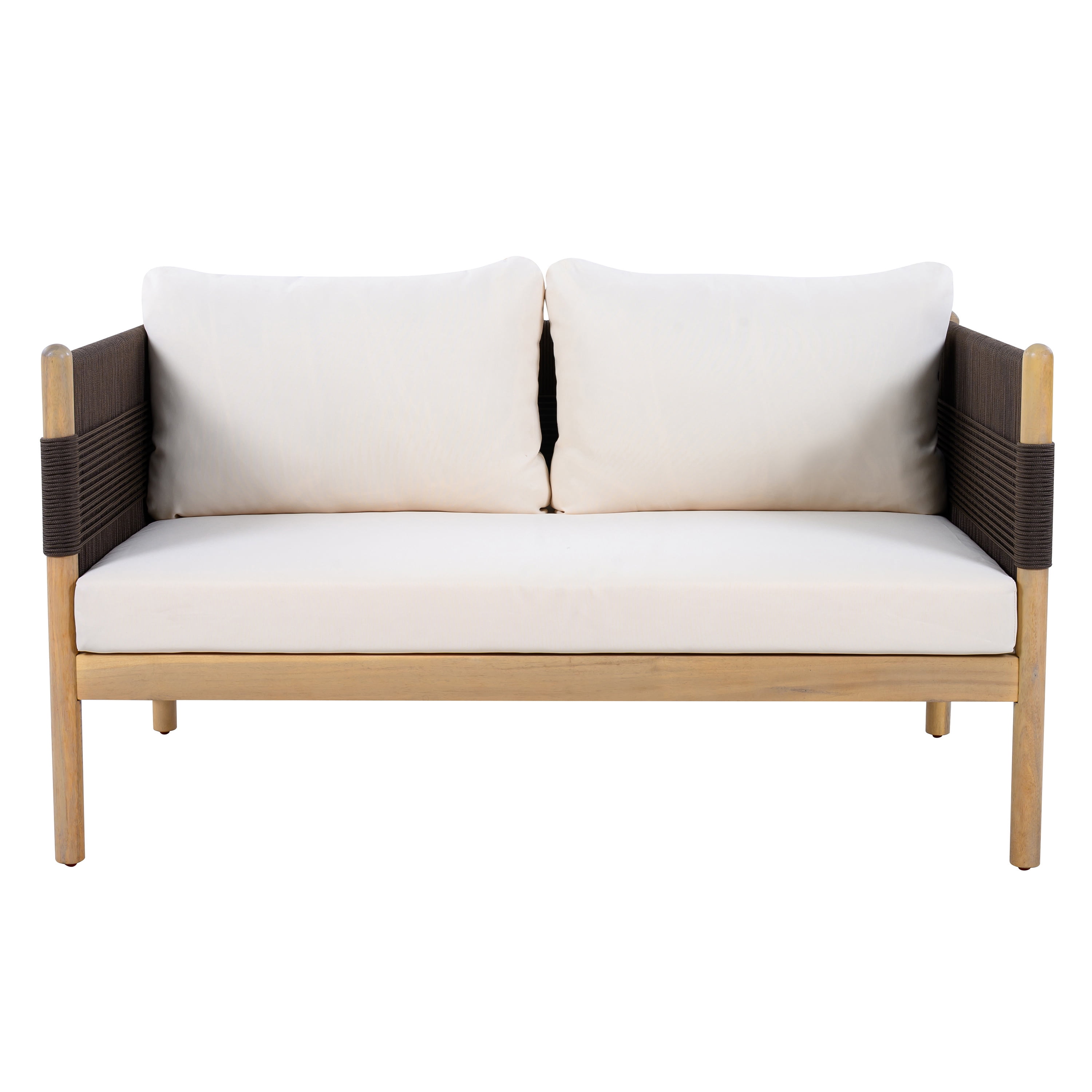 Loveseat, Outdoor Acacia Wood Sofa with Diamond Rope Weave and Cushions for Patio Garden, Light Teak and Cream