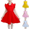 thumbnail image 1 of JDQJBZ Girls Short Sleeve Dress Solid Color Ruffle Button Front Collared Outfit, 1 of 5