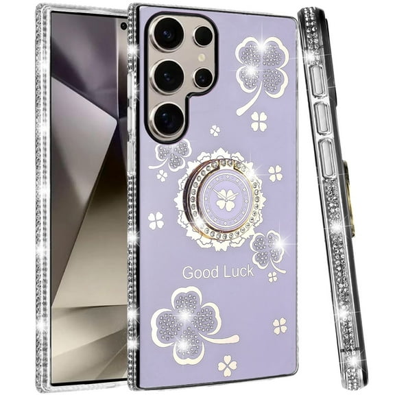 For Samsung s25 Ultra Splendid Glitter with Diamonds All Around Edges Ring Stand Case Cover - Purple