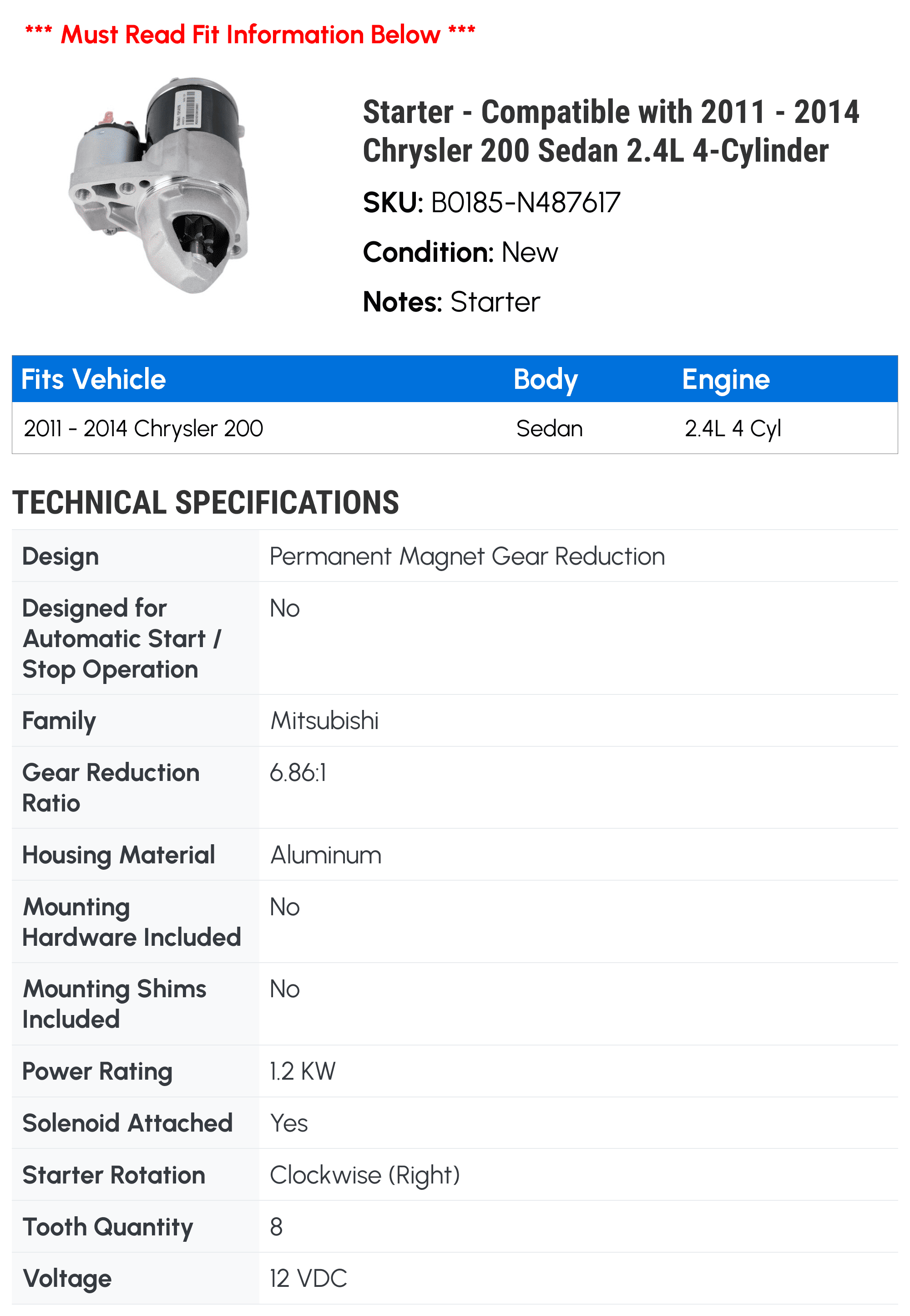 Crank N Charge 12V Starter For Chrysler 200 2.4L 2012-2014 – 8 Tooth, 1.2 KW, OE 56029584AA