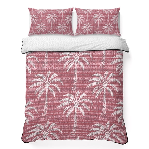 Quilts Full Size Bedding Set, Pink Palm Tree Lightweight Quilted Comforter, Summer Botanical Tropical Tree Soft Reversible Bedspread Coverlet with Pillow Covers for All Season, 78" x 90"