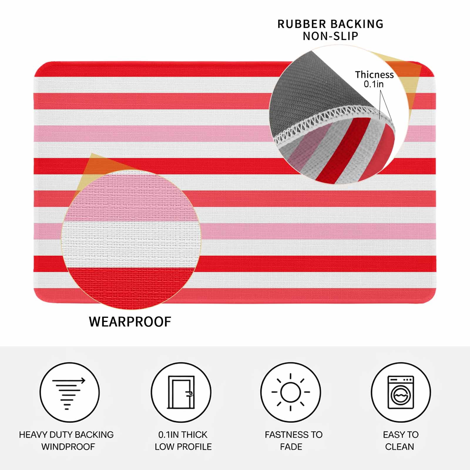 Red Pink Striped Doormat Outdoor Entrance 18"x30", Farmhouse Stripes Simple Art Absorb Moisture Dirt Door Mats, Non-Slip Rubber Backing Floor Mats Indoor, Low-Profile Front Door Rugs
