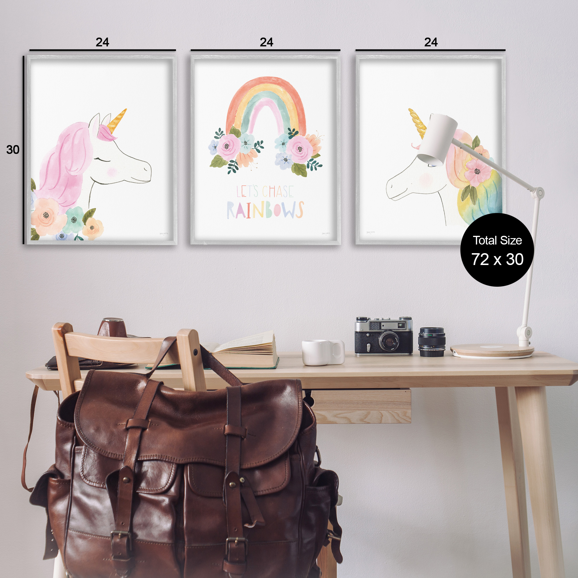 Stupell Industries Let's Chase Rainbows Unicorns Fairy Tales & Fantasy Painting Gray Framed Art Print Wall Art, 24 x 30, Set of 3