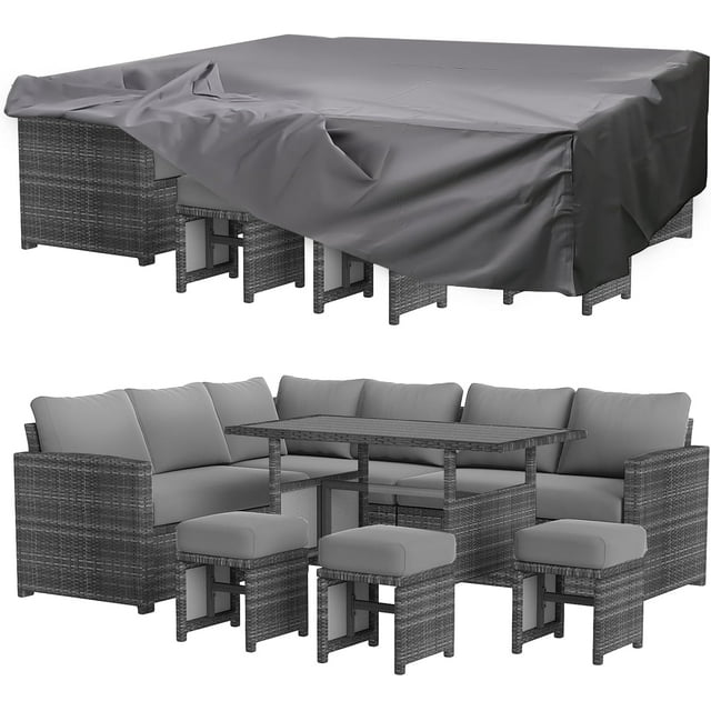 AECOJOY Ensemble de Mobilier de Jardin 7 Pcs avec Housse de Protection, Comprenant un Canapé en Coin, une Table et un Ensemble de Patio en Rotin en PE Gris.