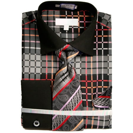 Men's Checkered Pattern Tone on Tone Dress Shirt French Cuffs Tie Hanky