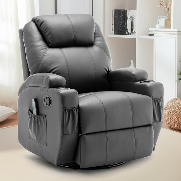 YSICK Swivel Rocker Recliner Chair with Massage PU Leather for Living Room,Grey