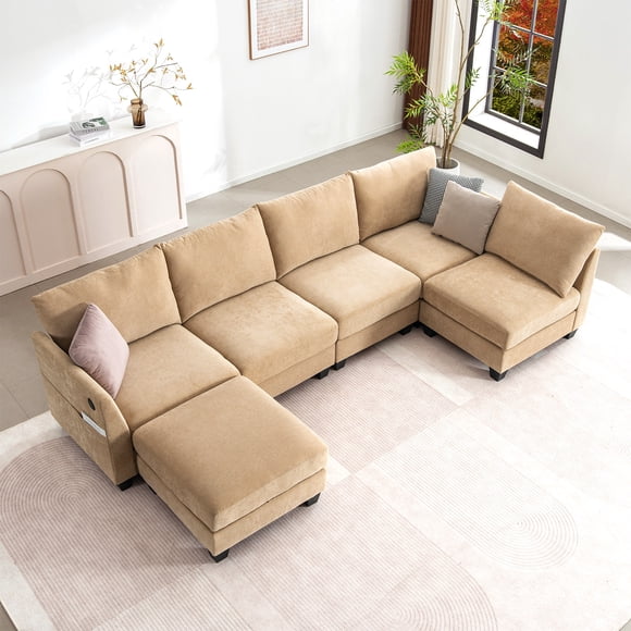 HMSHA 124" Modular Sectional Sofa,U-Shaped 6 Seater Sectional Sofa with Storage Ottoman & USB Ports,Large Cloud Couch Sectional Modern Linen L-Shaped Couch for Living Room(Beige)