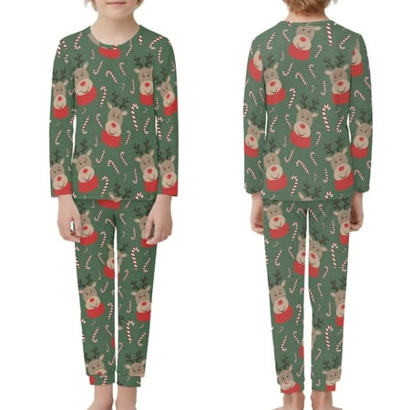 

NETILGEN Xmas Reindeer & Christmas Candy Cane Hem Youth Pj Pants Comfort Loungewear Pjs for Toddler Girls Long-Sleeve & Crew Neck Kid Pjs Boy Fit 3-4Y