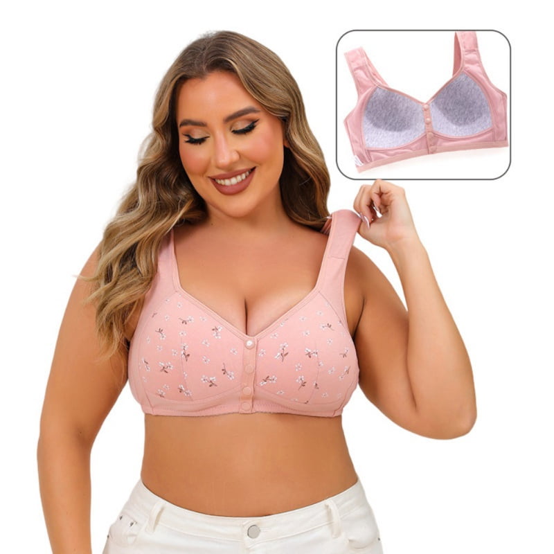 4 Pack Plus Size Front Closure Bras for Women - Wireless Supportive Full Coverage U-Back Bralettes with Wide Adjustable Strap, Breathable Soft Floral Everyday Bras for Seniors & Curvy Ladies (XL-7XL)