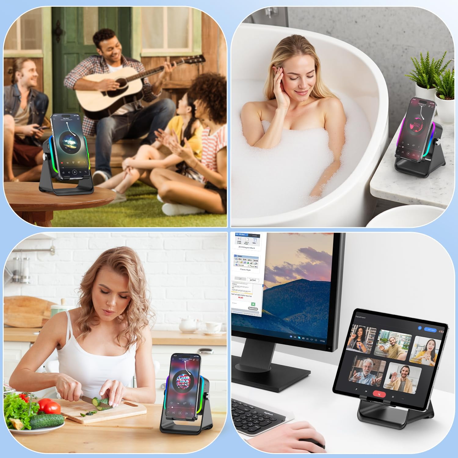 Wireless Induction Bluetooth Speaker 5-in-1 with Phone Stand, 360° Adjustable Holder, RGB Light, Rechargeable, for iPhone Android iPad, Black