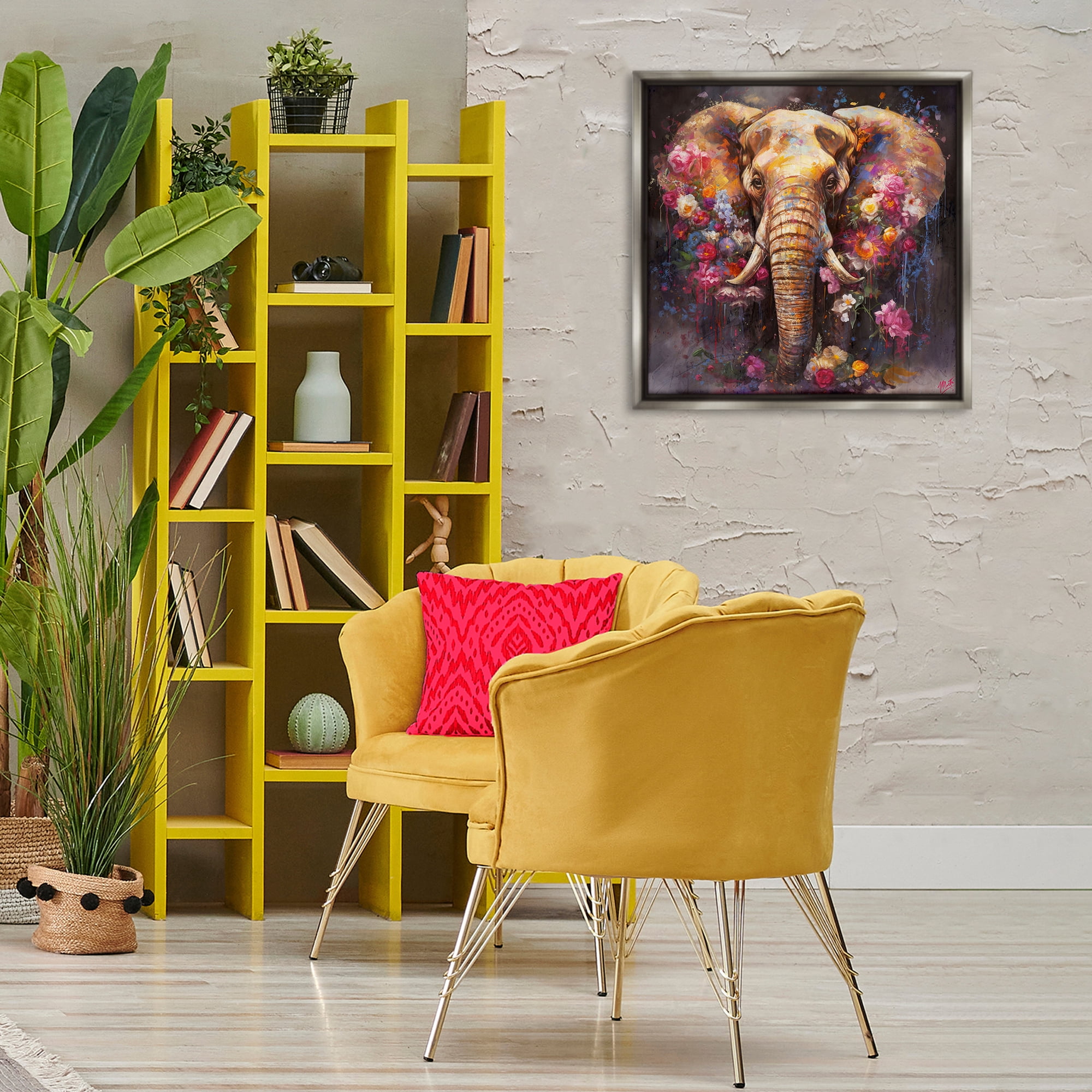 Stupell Industries Flower Swathed Elephant Animals Painting Gray Floater Framed Canvas Art Print Wall Art, 25 x 25