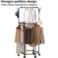 thumbnail image 4 of Riousery Rolling Garment Rack with Wheels, Double-Layer Rotating Clothes & Coat Organizer with Hat Hooks, Multi-Functional Clothing Storage for Bedroom or Closet, 4 of 7