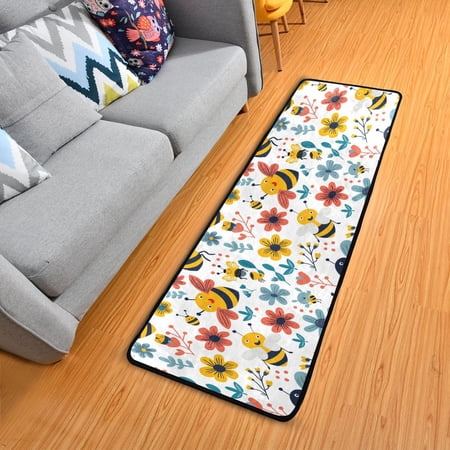 Dailycode Hallway Runner Rug 2x6 Non Slip Absorbent Soft Floor Mat for Home Kitchen Bedroom Entrance Cartoon Bee with Plants